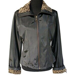 Jacket Zip Up Black Satin w Plush Leopard Print Collar & Cuff Women's Small
